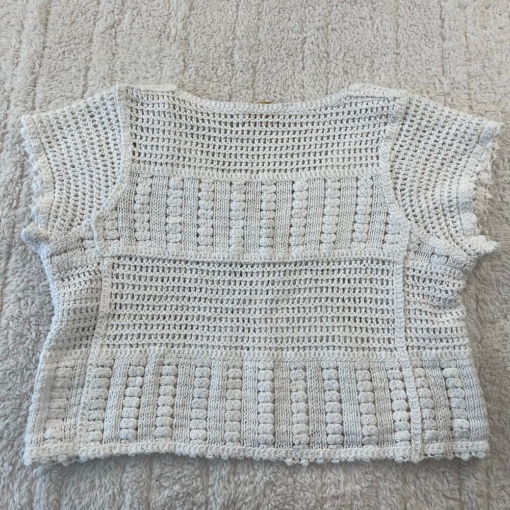 Rebellion White Crochet Cropped cardigan Button Knit Top boho Women’s Size small - Picture 2 of 6